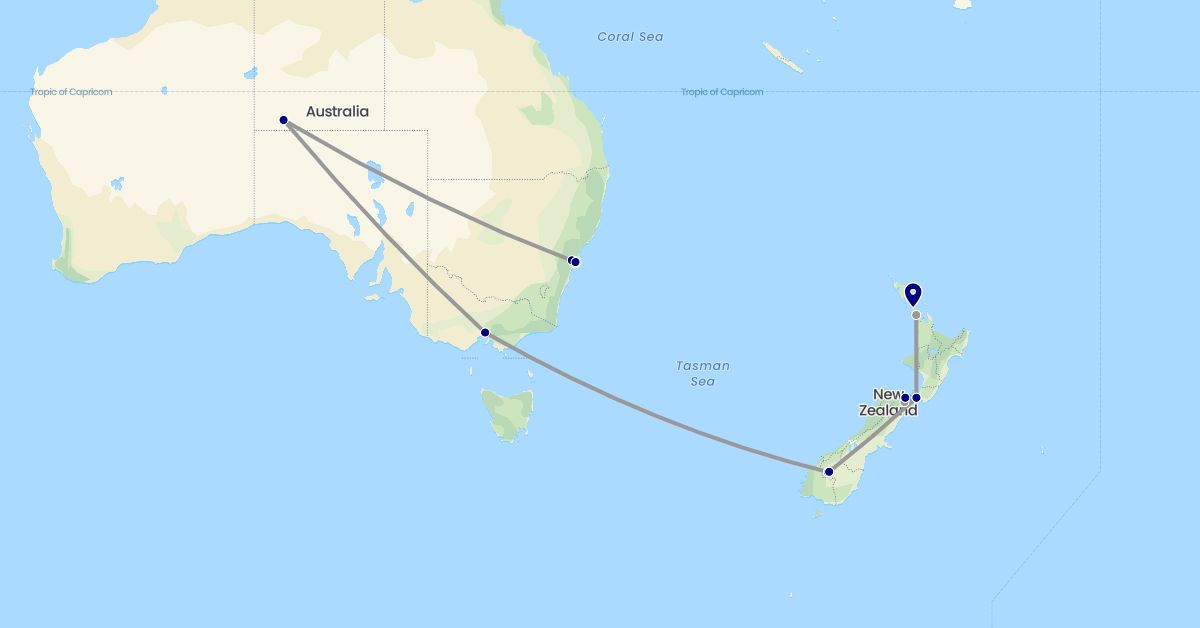 TravelMap itinerary: driving, plane, boat in Australia, New Zealand (Oceania)