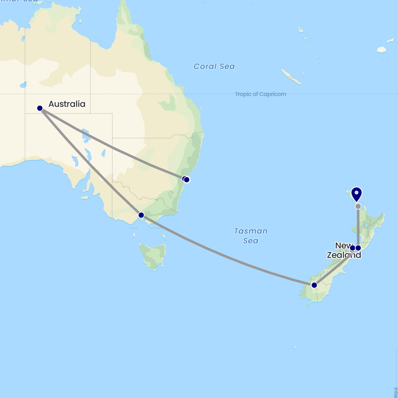 TravelMap itinerary: driving, plane, boat in Australia, New Zealand (Oceania)