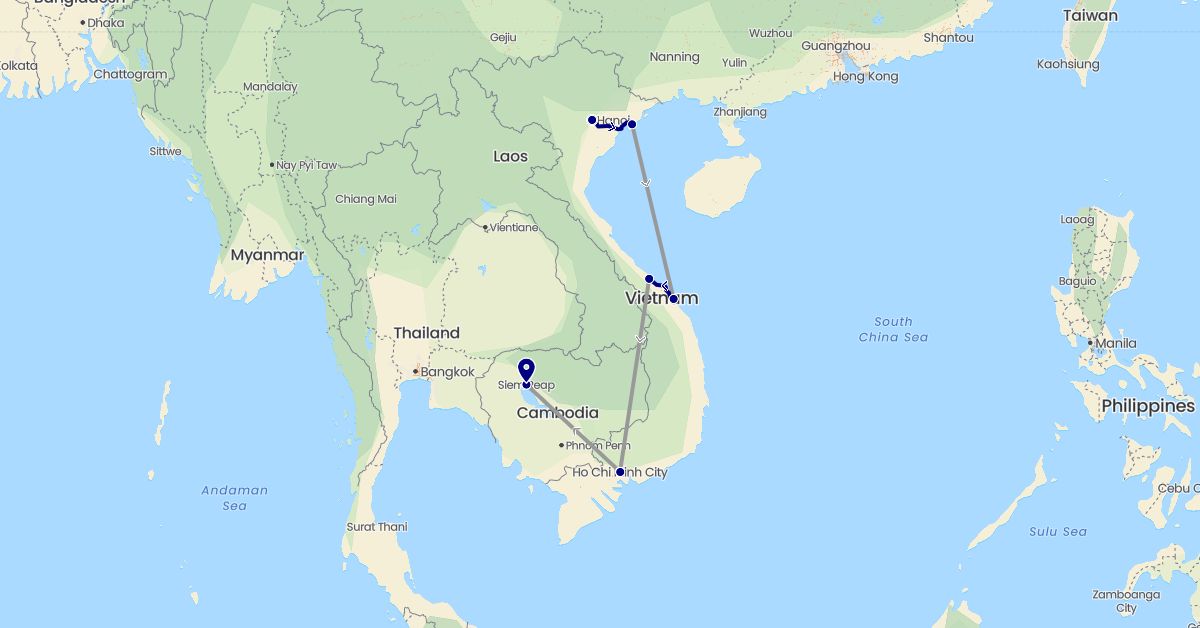 TravelMap itinerary: driving, plane in Cambodia, Vietnam (Asia)