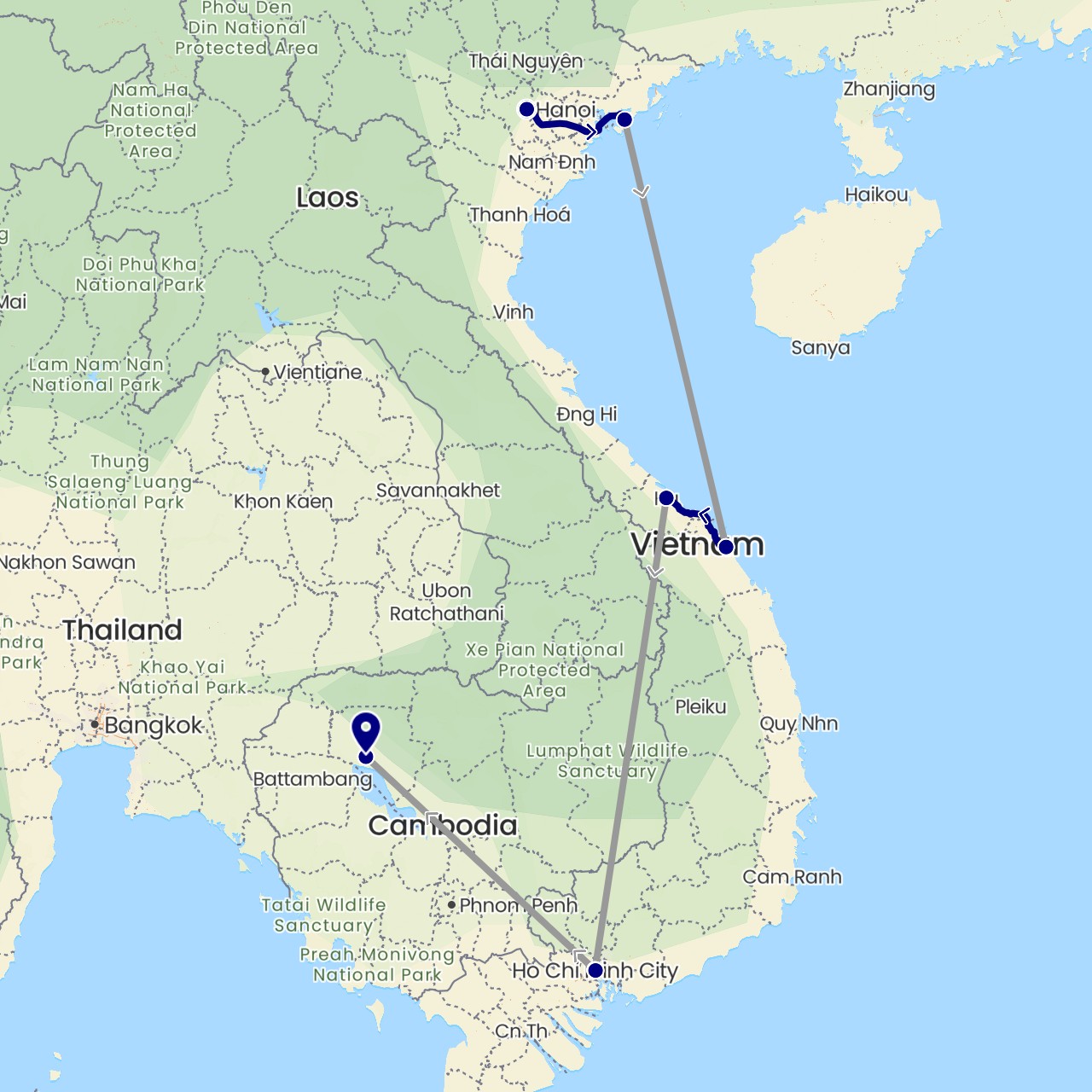 TravelMap itinerary: driving, plane in Cambodia, Vietnam (Asia)