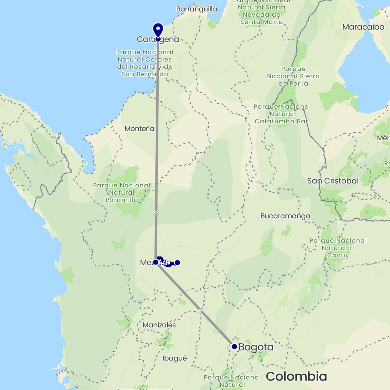 TravelMap itinerary: driving, plane in Colombia (South America)
