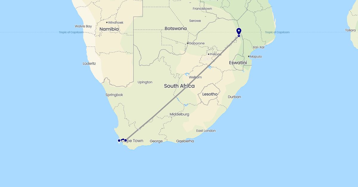 TravelMap itinerary: driving, plane in South Africa (Africa)