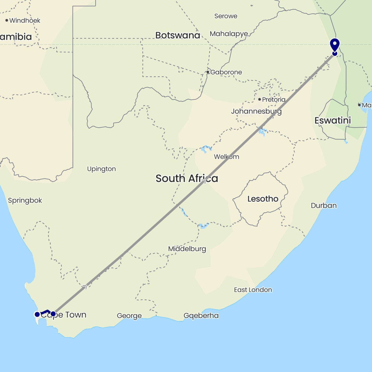 TravelMap itinerary: driving, plane in South Africa (Africa)