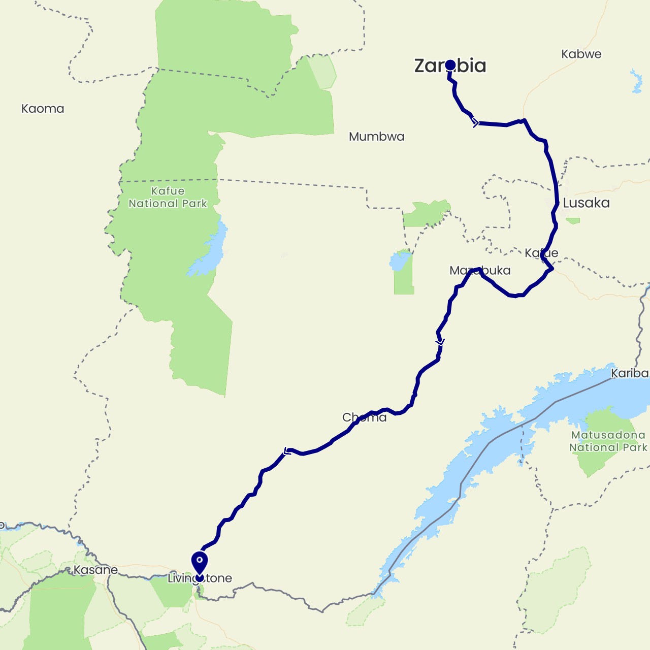 TravelMap itinerary: driving in Zambia (Africa)