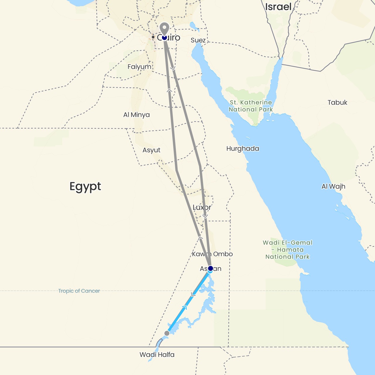 TravelMap itinerary: driving, plane, boat in Egypt (Africa)